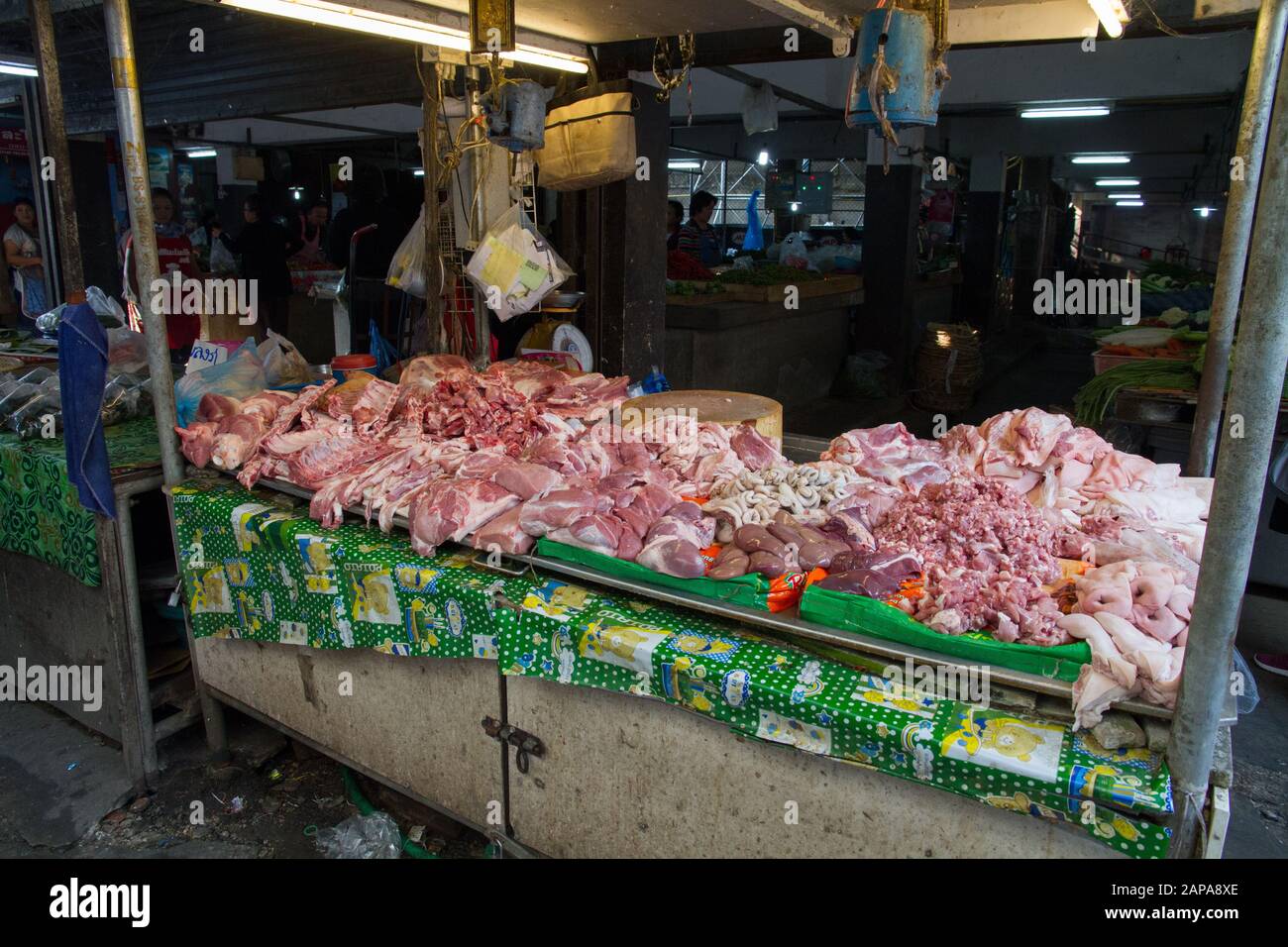 Thailand, Chiang Mai, Meat stall in  Market Thailand Stock Photo