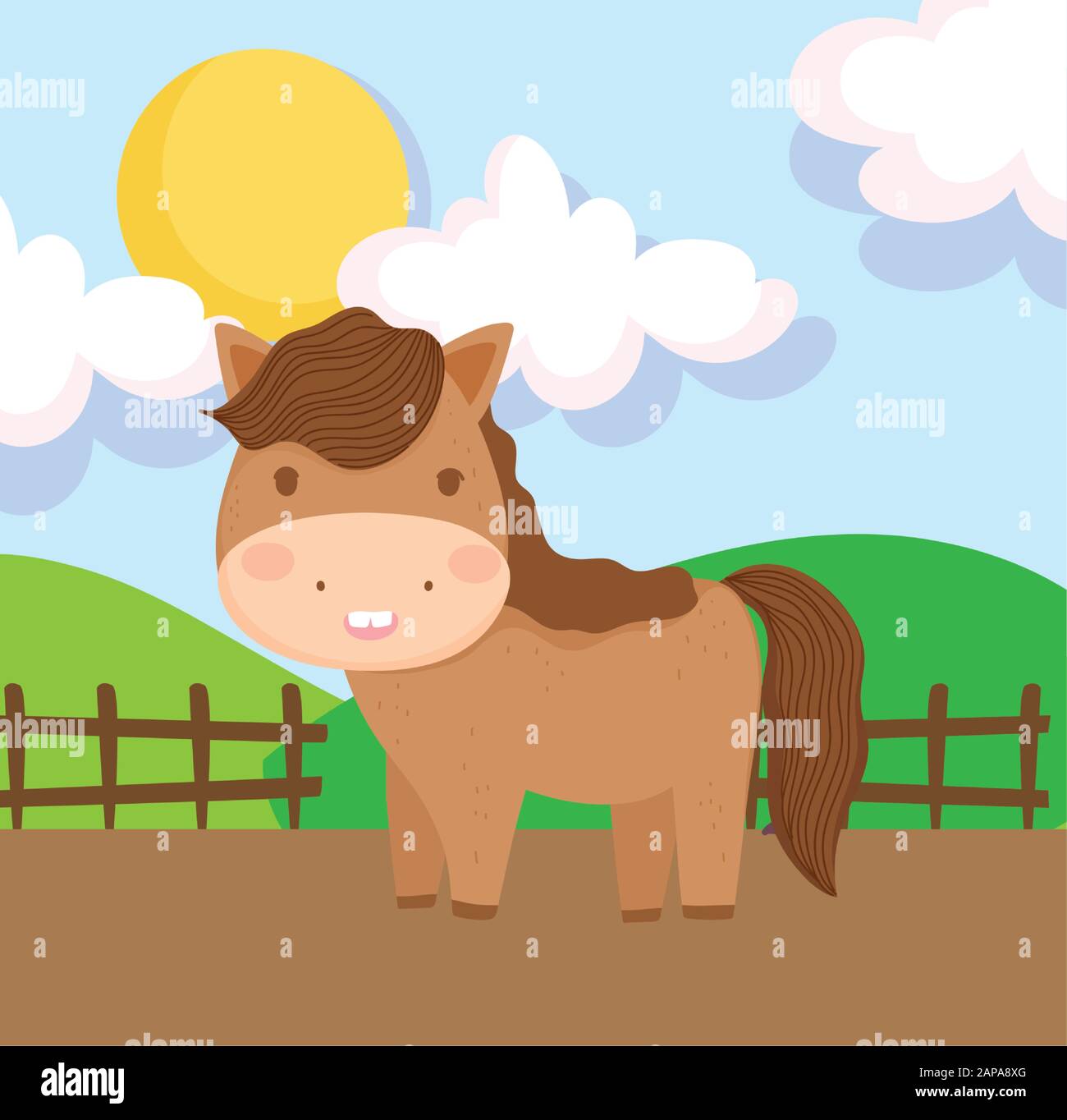 horse fence field sun hills farm animal cartoon vector illustration ...