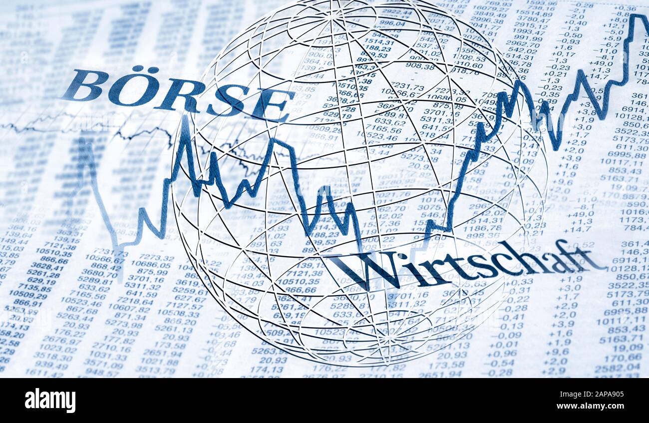 Tables with stock prices and charts and the terms stock exchange and economy Stock Photo