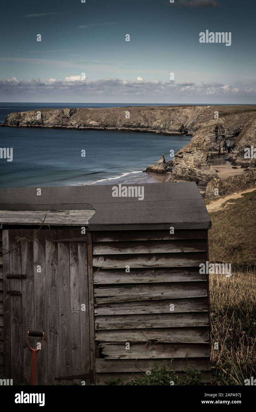 Old wooden shed near coastal cliffs Stock Photo