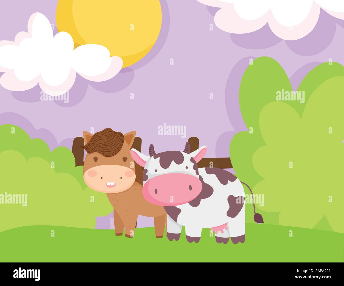 horse and cow wooden fence greenery farm animal cartoon vector ...