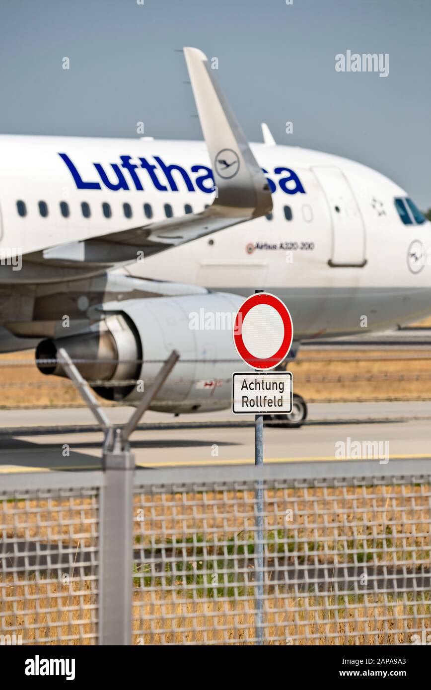 Lufthansa Airbus on the taxiway of the north-west runway at Frankfurt Airport Stock Photo