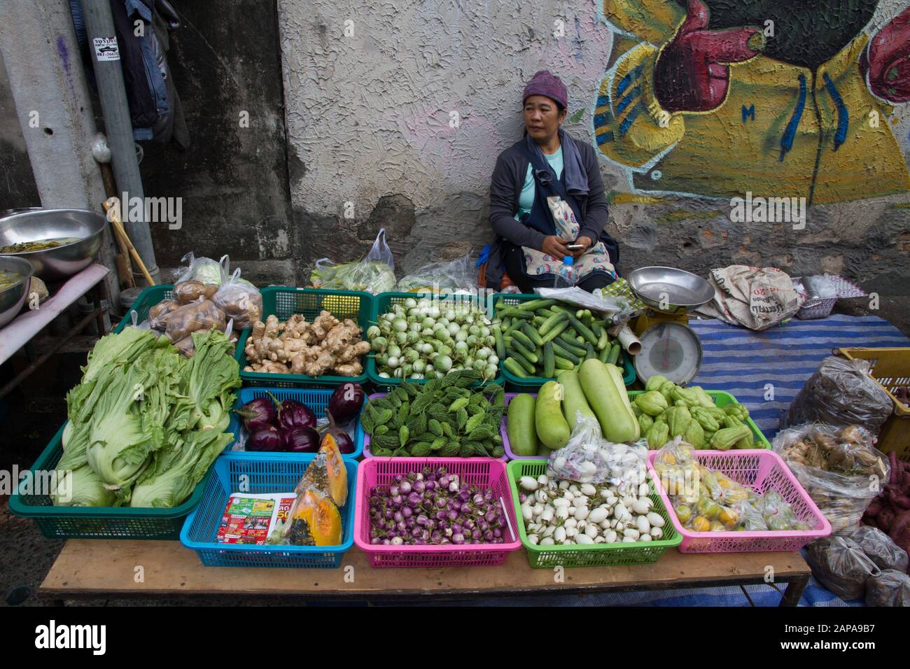 Chiang Mai Thailand vegetables stall in Market woman seller Stock Photo