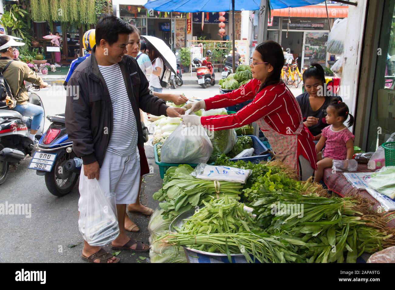 Chiang Mai Thailand Market fruits vegetables stall people shopping ...
