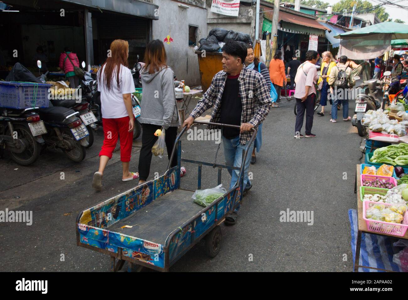 Chiang Mai Market worker pushing a cart in street Thailand Stock Photo ...