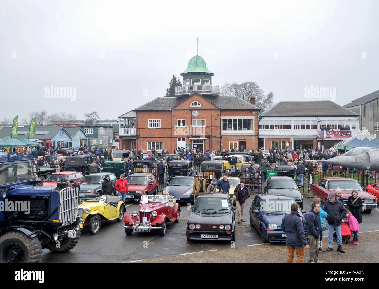 Brooklands New Years Day classic car meeting,  2015. Clubhouse Stock Photo