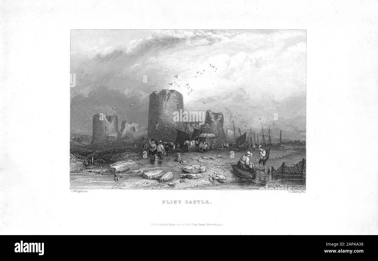 Early nineteenth century engraving print of  Flint castle, Wales, Britain Stock Photo