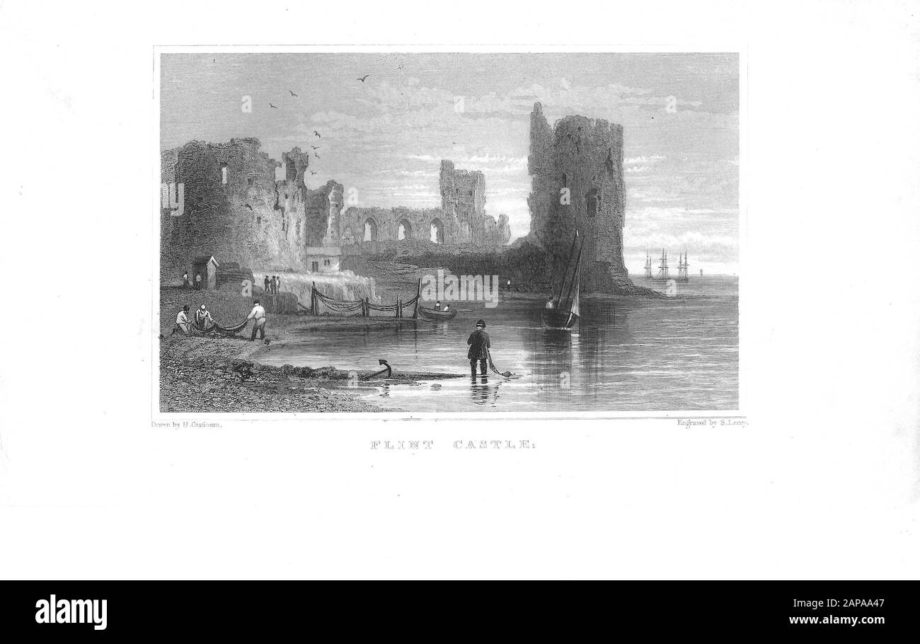 Early nineteenth century engraving print of  Flint castle, Wales, Britain Stock Photo