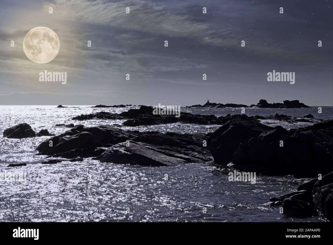 Moonlit rocky coast in a full moon starry night just before dawn in
