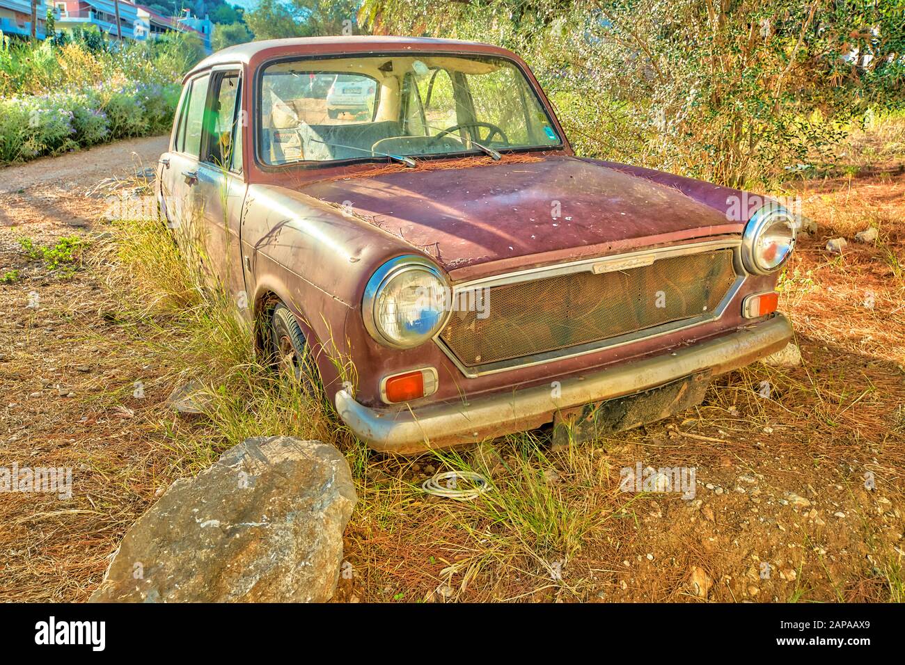 Nafplio, Peloponnese, Greece - August 29, 2015: rusty wreck of car Austin 1300 MkIII. Made by the historical Austin Motor Company Limited, British Stock Photo