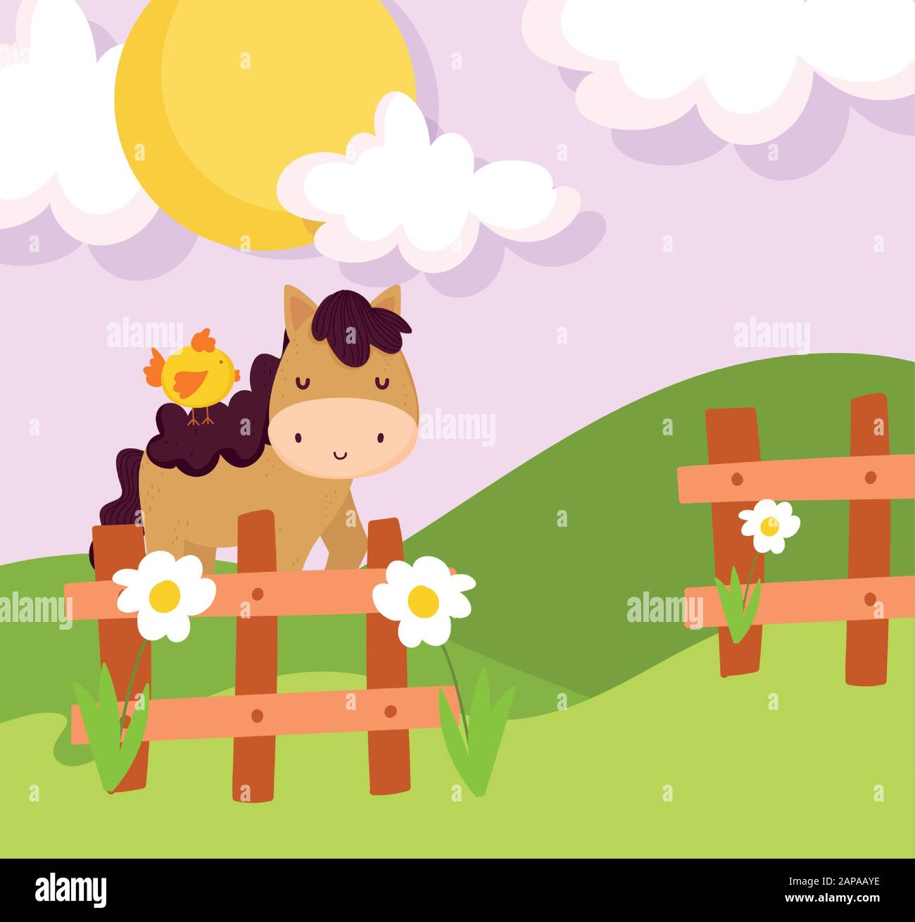 chicken on horse fence flowers field sun farm animal cartoon vector ...