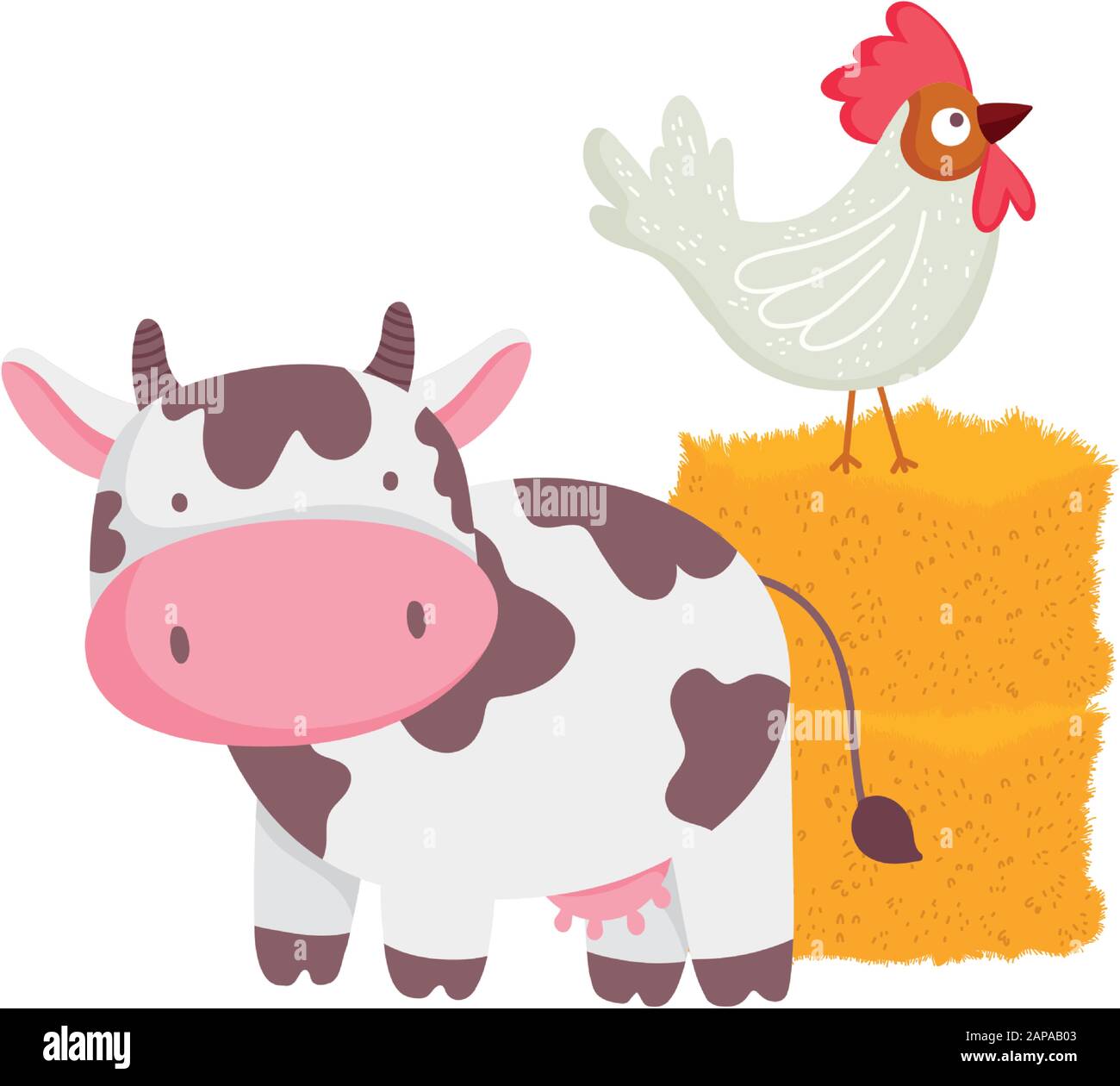 cow and rooster on hay fence farm animal cartoon vector illustration ...