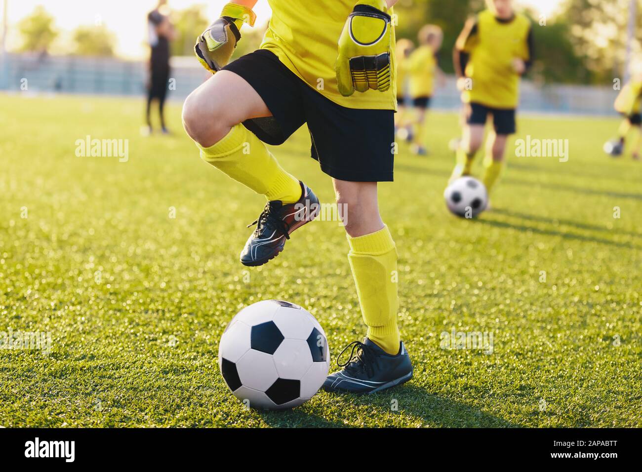 Soccer Players On Training Field On Football Camp Kids Practice Soccer On Summer Day Kids Participate In Sports Camp For Talented Youth Soccer Playe Stock Photo Alamy