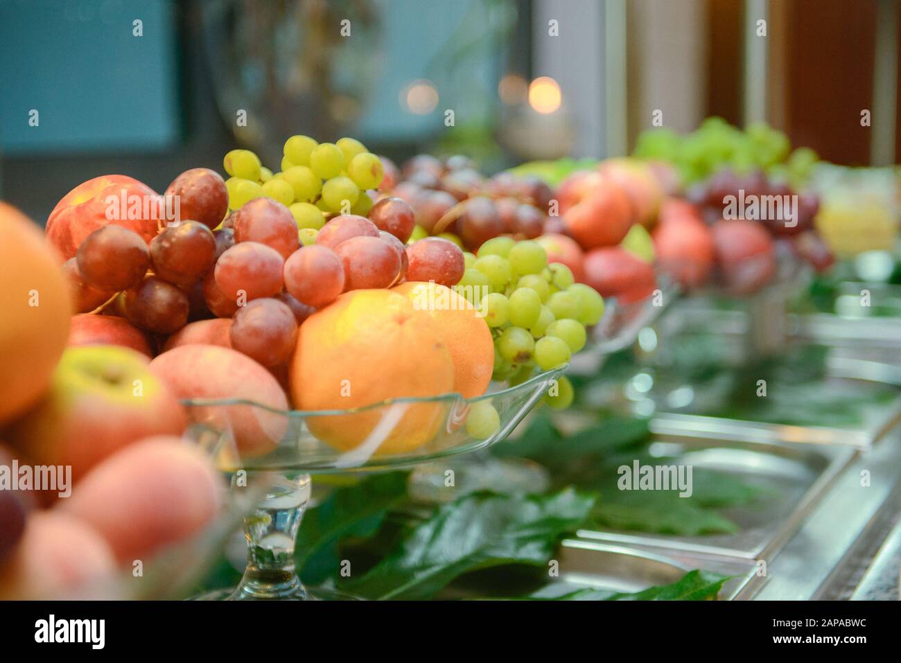 Table set up for continental breakfast: muesli, fruits and pastry Stock ...