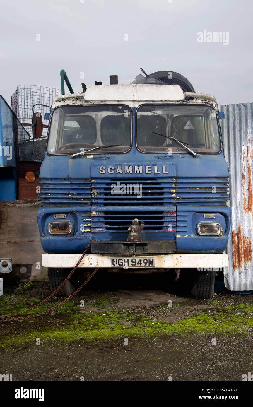 Old 1973 Scammell Truck Cab Used As Part Of A Wall In A Junk Yard Stock Photo Alamy
