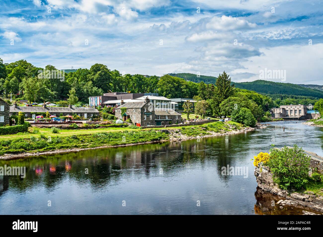 Restaurants and Pitlochry Festival Theatre on the shore of River Tummel