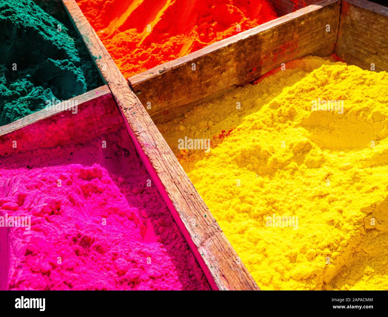 Color powder for the festival Holi and religious rituals, sold in the street markets of town Stock Photo