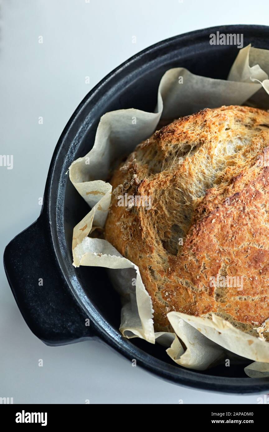 Delicious Fresh Home Made Bread in Pan Stock Photo