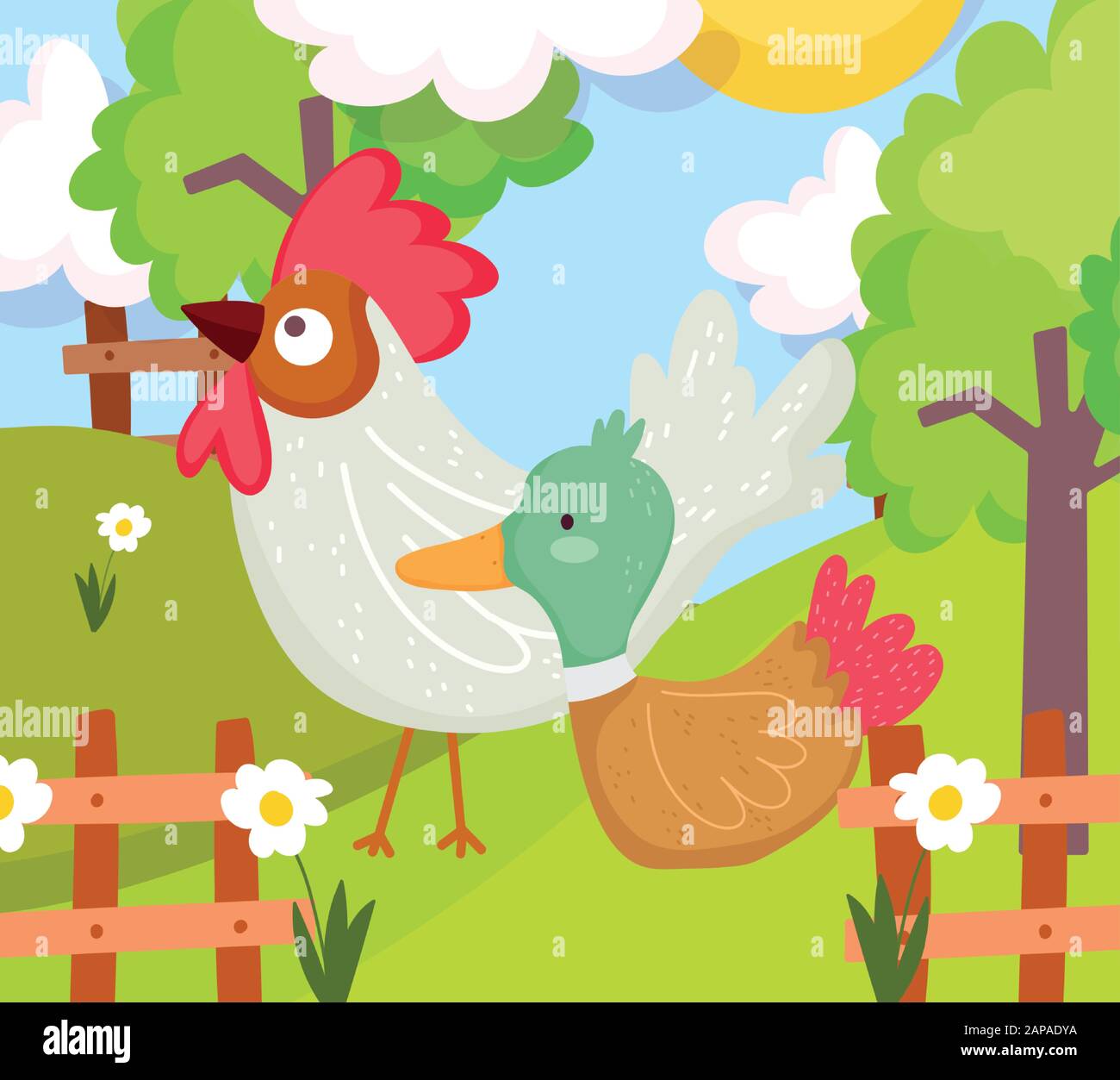 rooster and duck fence flowers trees farm animal cartoon vector ...