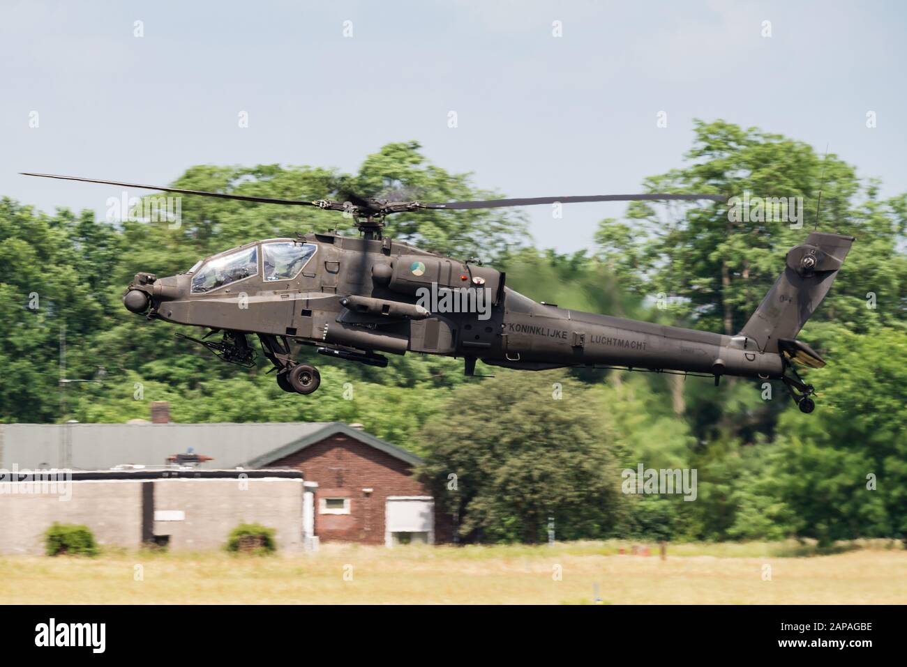 A Boeing AH-64 Apache attack helicopter of the 301 Squadron of the Royal Netherlands Air Force at the Gilze-Rijen Air Base. Stock Photo