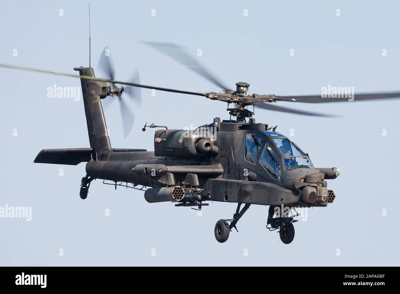 A Boeing AH-64 Apache attack helicopter of the 301 Squadron of the Royal Netherlands Air Force at the Gilze-Rijen Air Base. Stock Photo