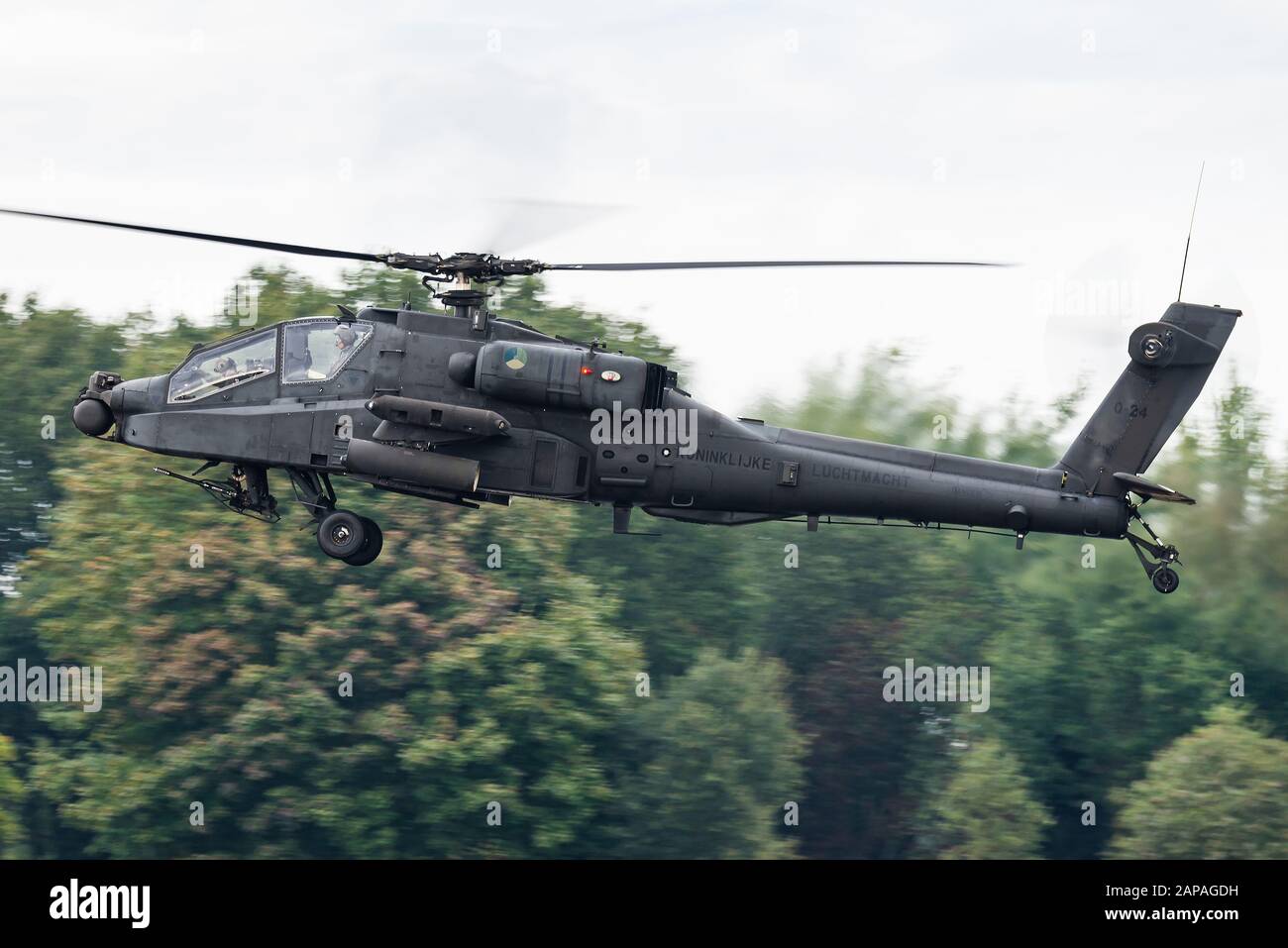 A Boeing AH-64 Apache attack helicopter of the 301 Squadron of the Royal Netherlands Air Force at the Gilze-Rijen Air Base. Stock Photo