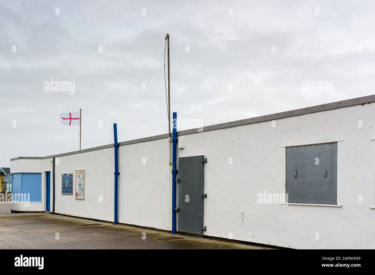 Closed shop and England flag on the seafront , Fleetwood, Lancashire, UK Stock Photo