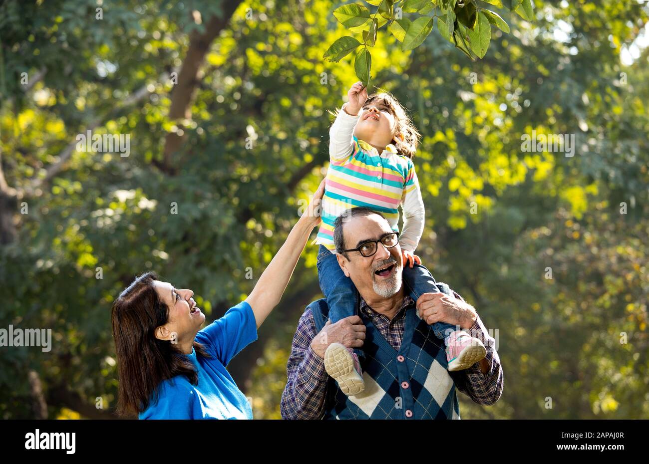 Grandmother with granddaughter sitting on grandfather's shoulder at park Stock Photo