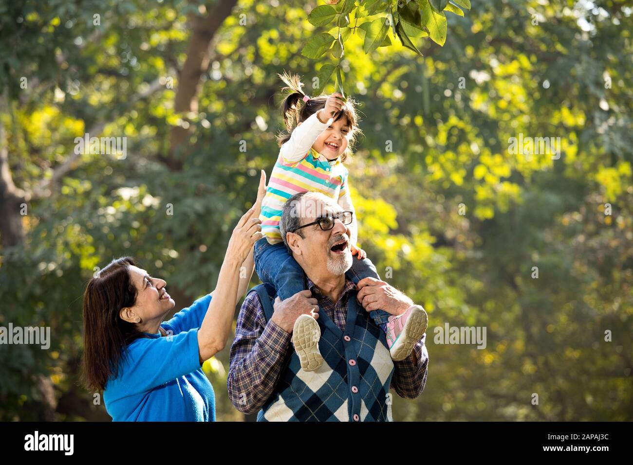 Grandmother with granddaughter sitting on grandfather's shoulder at park Stock Photo