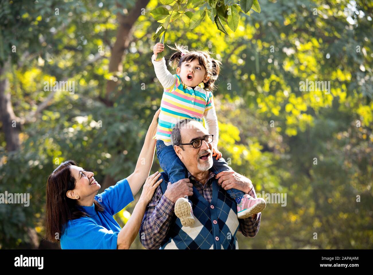 Grandmother with granddaughter sitting on grandfather's shoulder at park Stock Photo