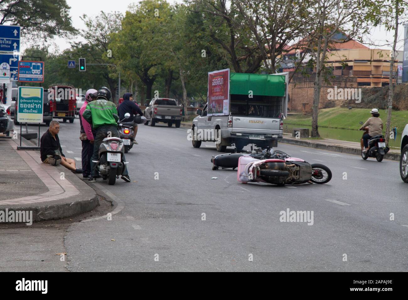 Thailand road accident Chiang Mai Street bikes Asia Stock Photo