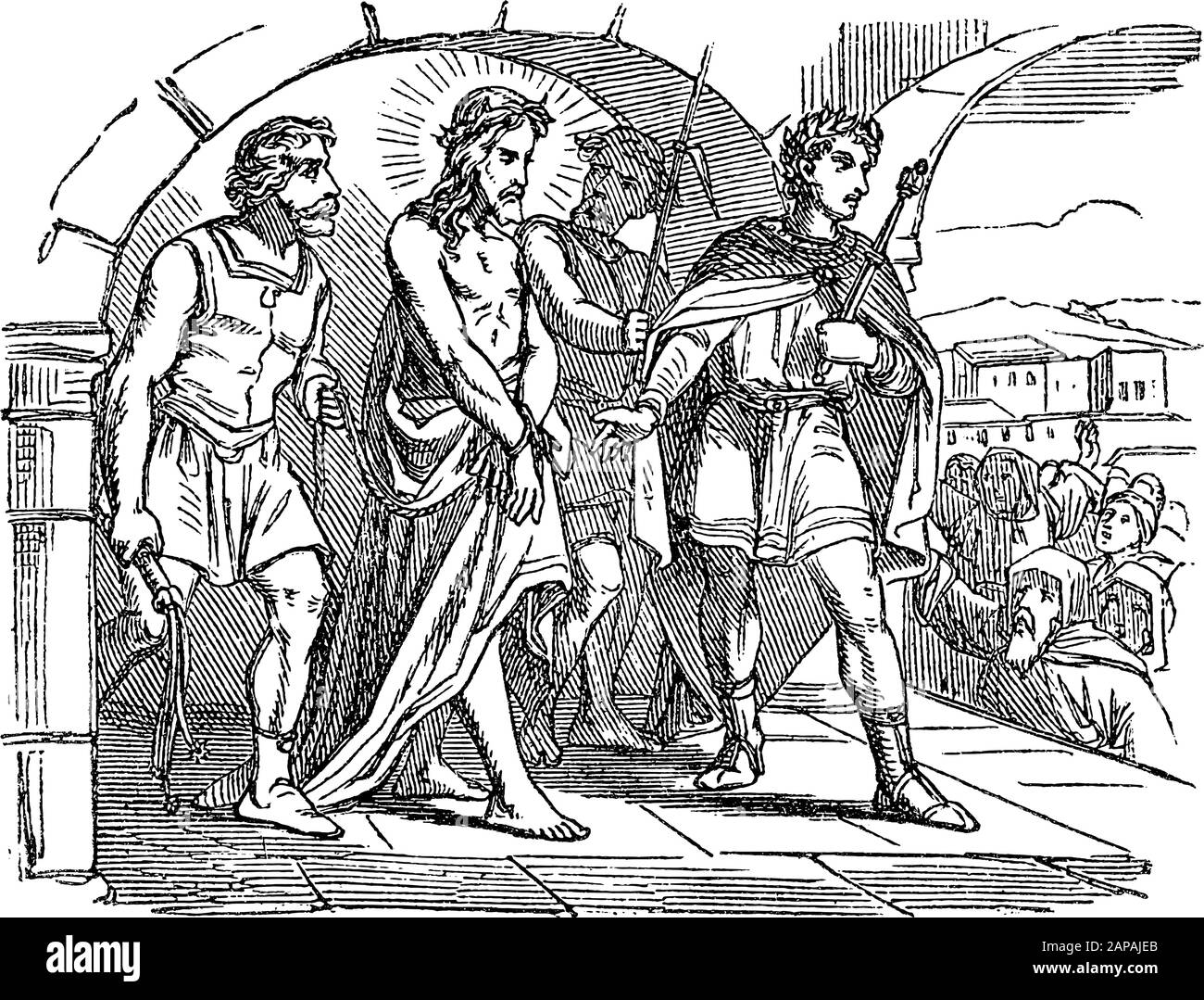 Antique vintage biblical religious engraving or drawing of crowds asking for crucifixion and Pilate sentence Jesus to death. Bible, New Testament,Luke 23. Biblische Geschichte , Germany 1859. Stock Vector