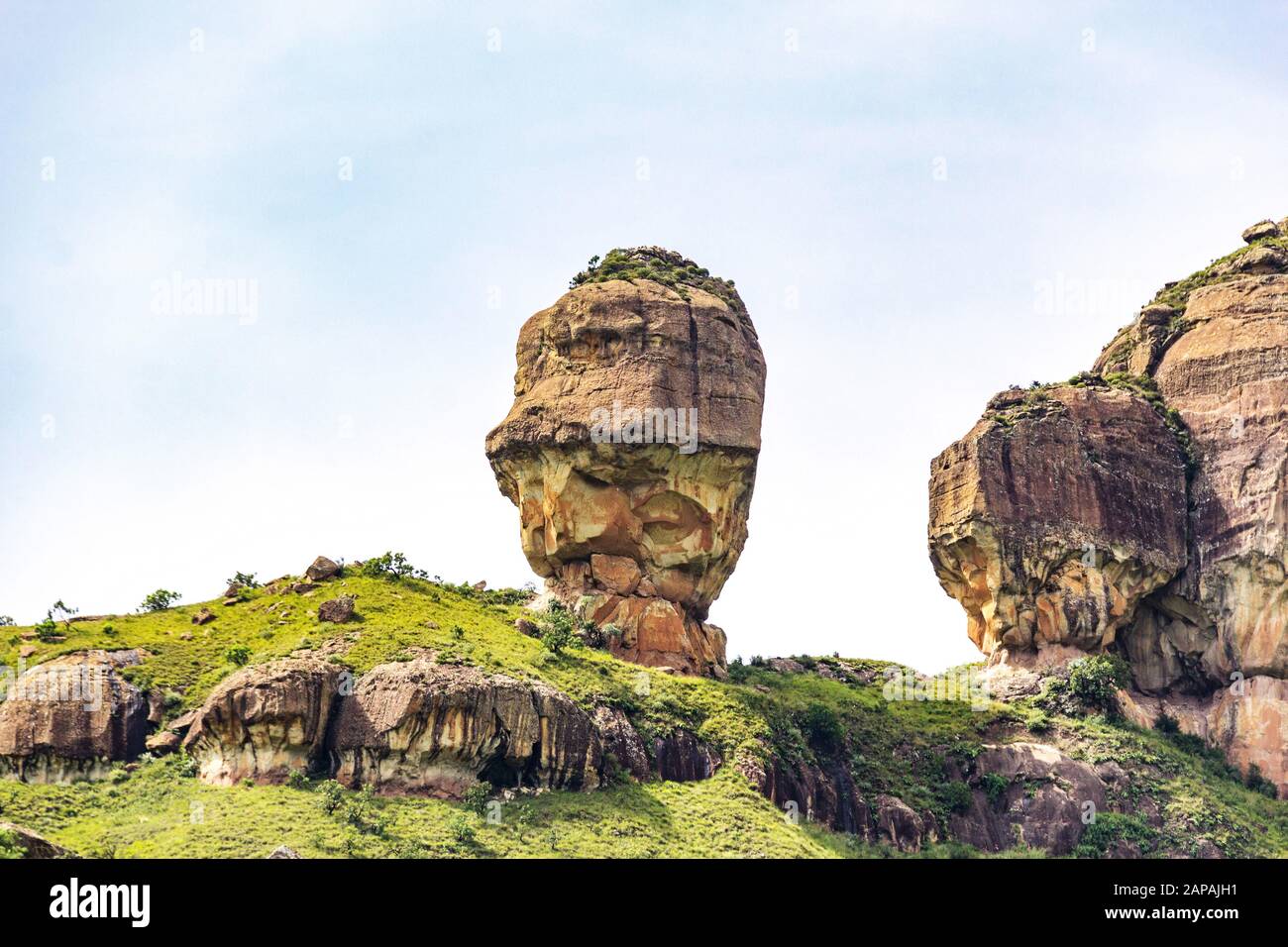 View to the rock formation Policeman's Helmet, Drakensberg mountains, Royal Natal National Park, South Africa Stock Photo