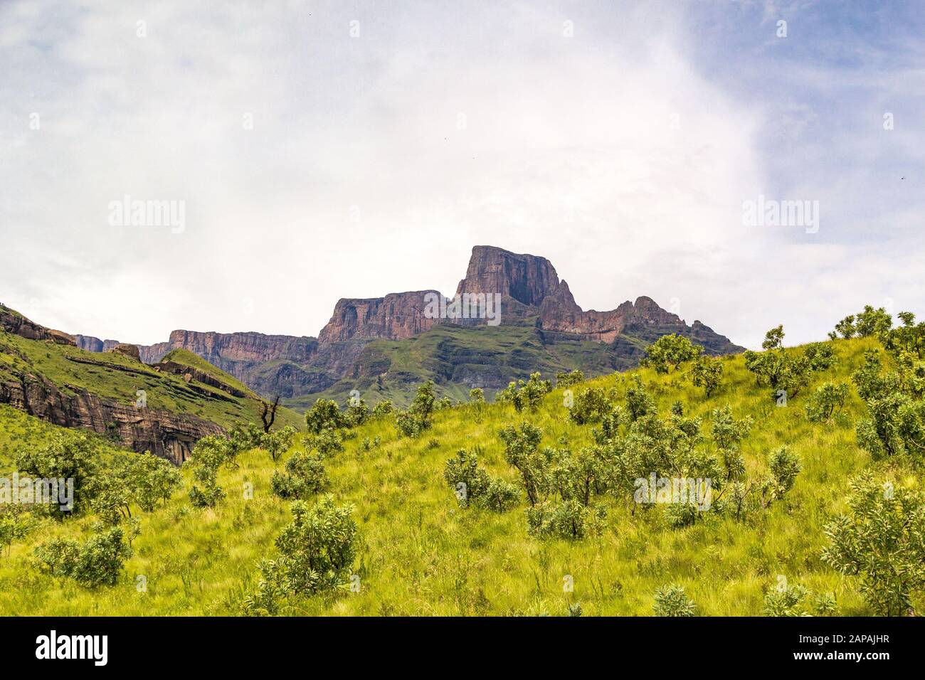 View to the Sentinel mountain, Drakensberg mountains, Royal Natal National Park, South Africa Stock Photo