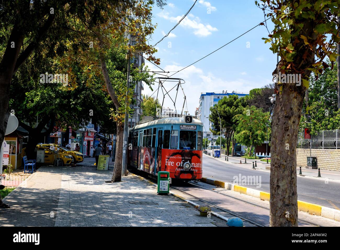 Antalya, Turkey - July 26, 2019: Old nostalgic public transport tram in ANTALYA with advertising in summer Stock Photo