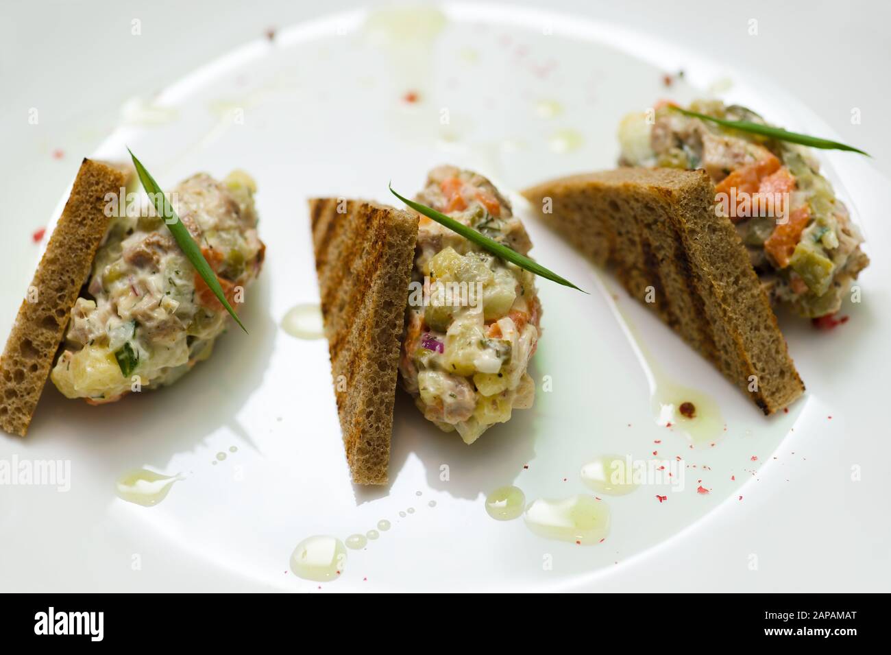 thee vegetable snacks on plate Stock Photo