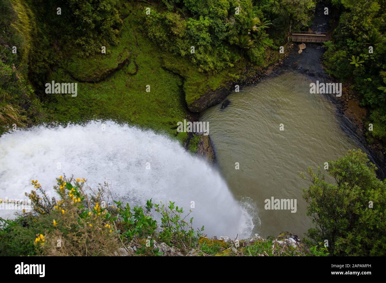 Upper view from the top to Bridal Veil Falls Waterfall in Waikato, New Zealand Stock Photo