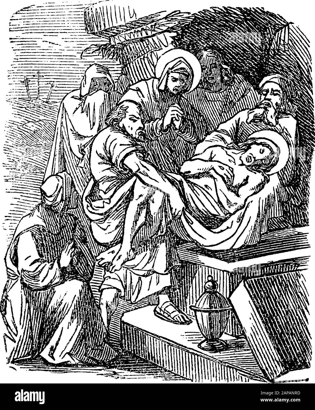 Antique vintage biblical religious engraving or drawing of burial of Jesus, Joseph of Arimathea is placing his body in a tomb. Bible, New Testament,Luke 23. Biblische Geschichte , Germany 1859. Stock Vector