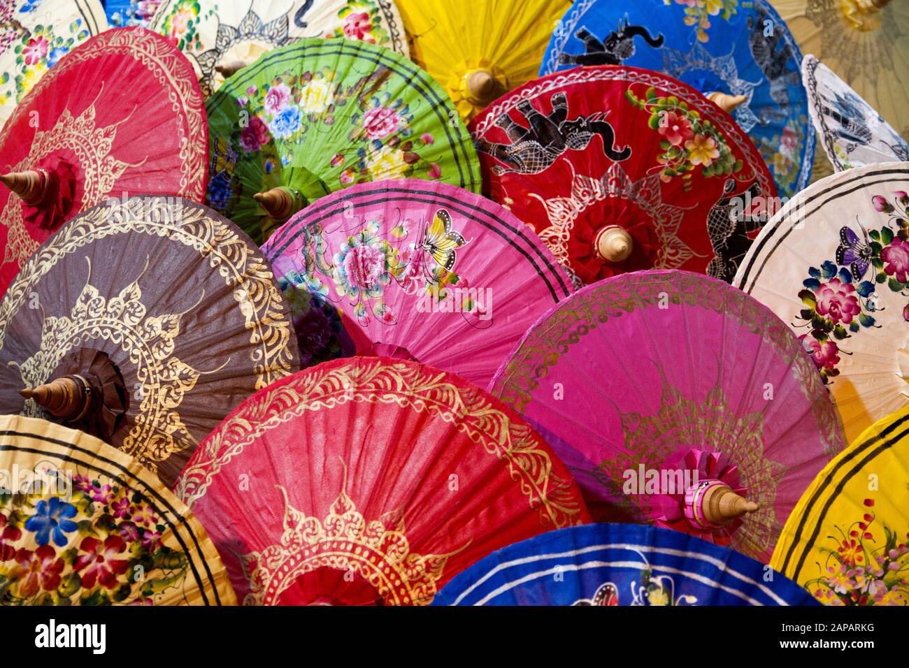 chinese colored umbrelas displayed chiang Mai Thailand street f Stock Photo