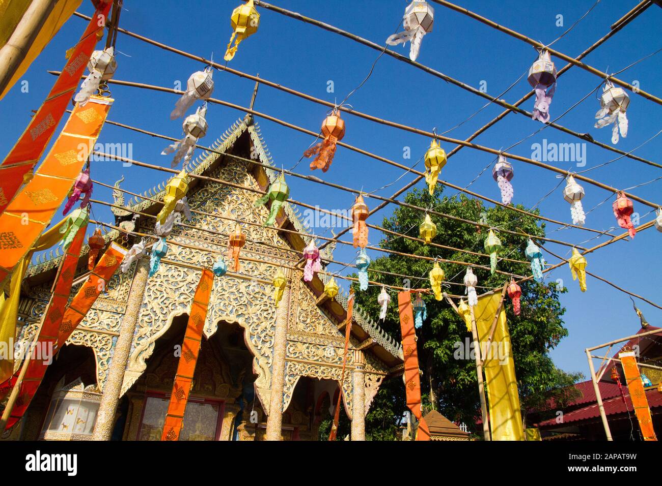 Thailand Traditionals paper lanterns decorating temple , Stock Photo