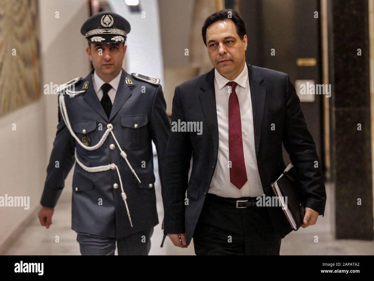 Baabda Lebanon 22nd Jan 2020 Lebanese New Prime Minister Hassan Diab R Arrives To Attend The First Cabinet Meeting Of The Newly Formed Government At The Baabda Presidential Palace Lebanon S Newly Formed Cabinet