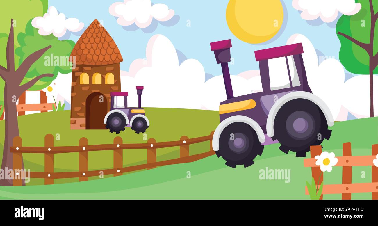 cottage tractors wooden fence flowers trees farm animal cartoon vector ...