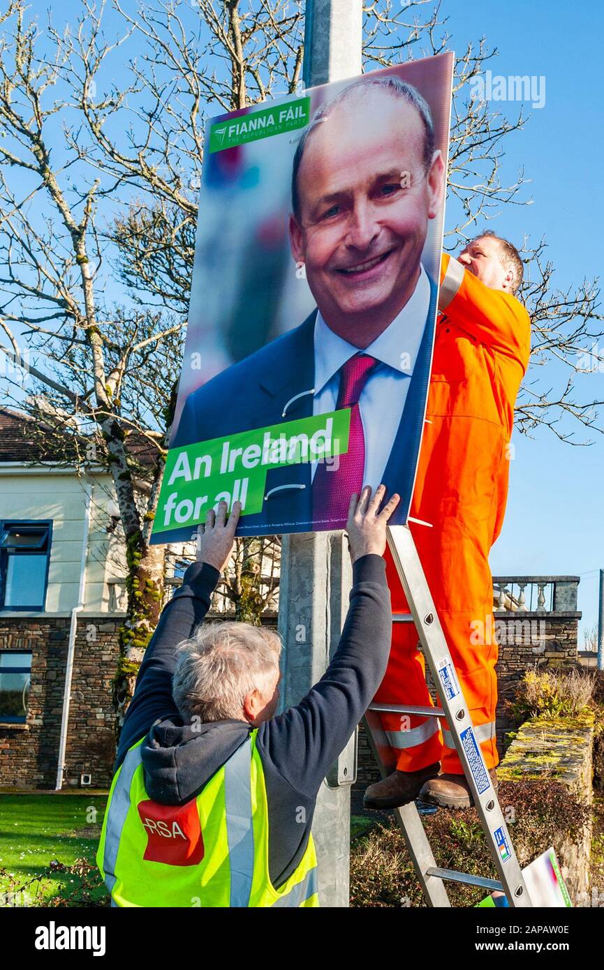Bantry, West Cork, Ireland. 22nd Jan, 2020. The Irish General Election candidates spread the message to the elctorate via controversial posters. Micheál Martin posters were being erected today with the poster team having started out in Youghal at 6am, finishing in West Cork late tonight. Credit: AG News/Alamy Live News Stock Photo