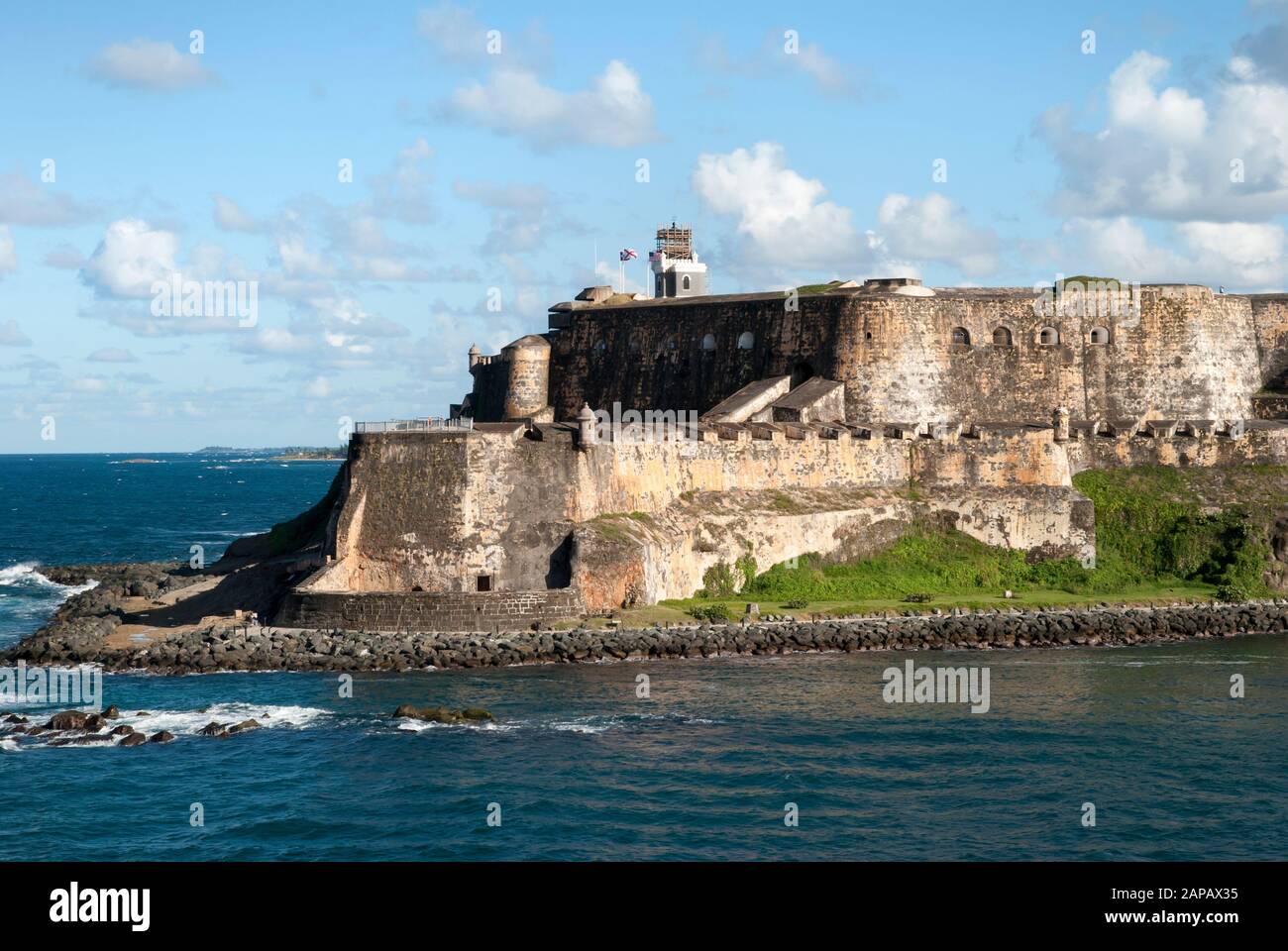 The view of 16th century Spanish fortification before entering San Juan old town bay (Puerto Rico). Stock Photo