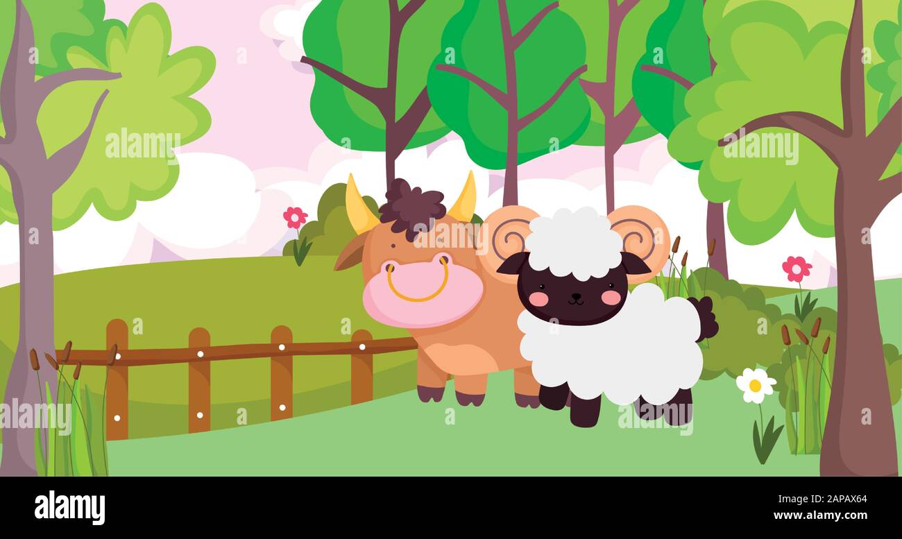 bull and ram wooden fence trees flowers farm animal cartoon vector ...