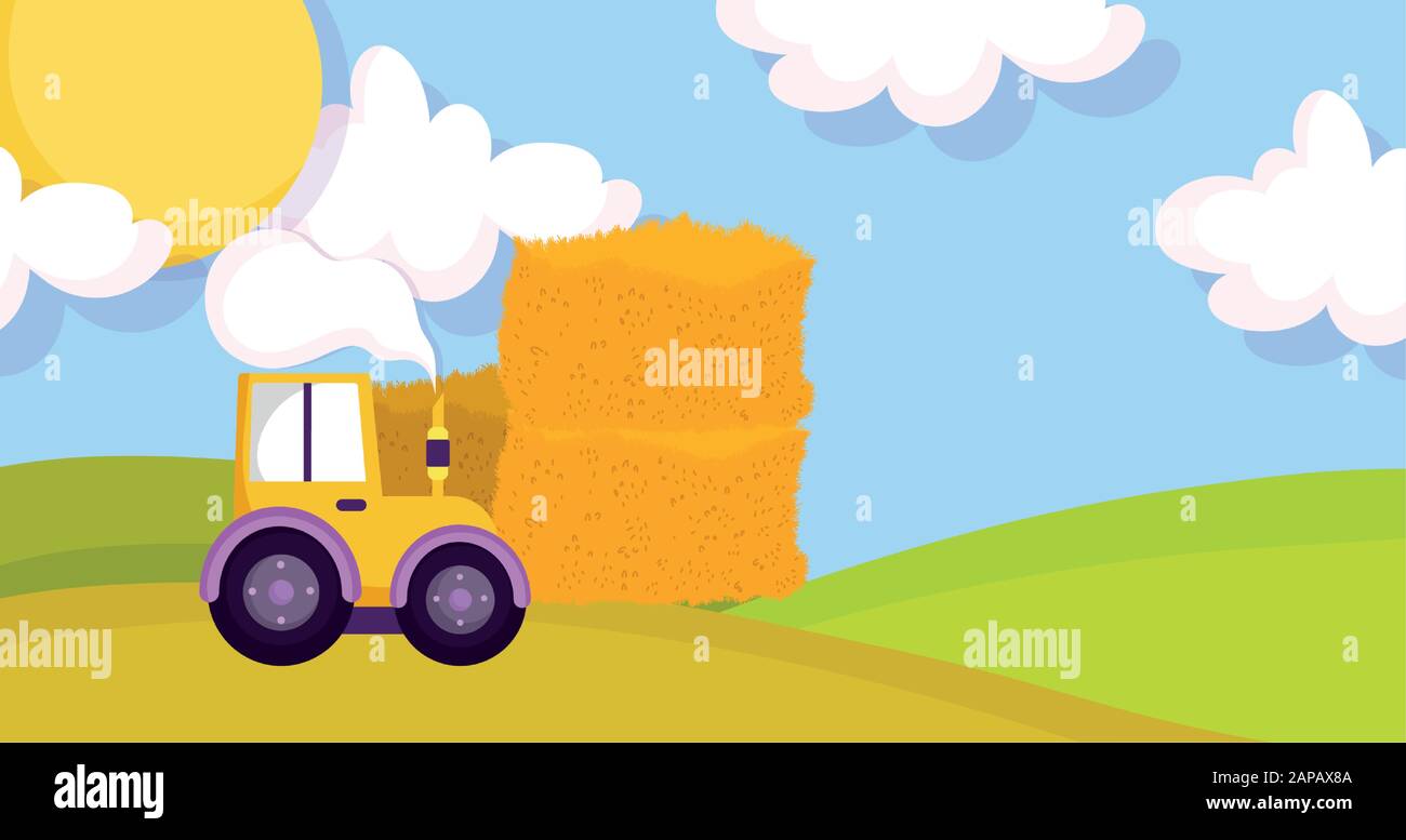 forklift with stacked hay meadow sun farm animal cartoon vector illustration Stock Vector