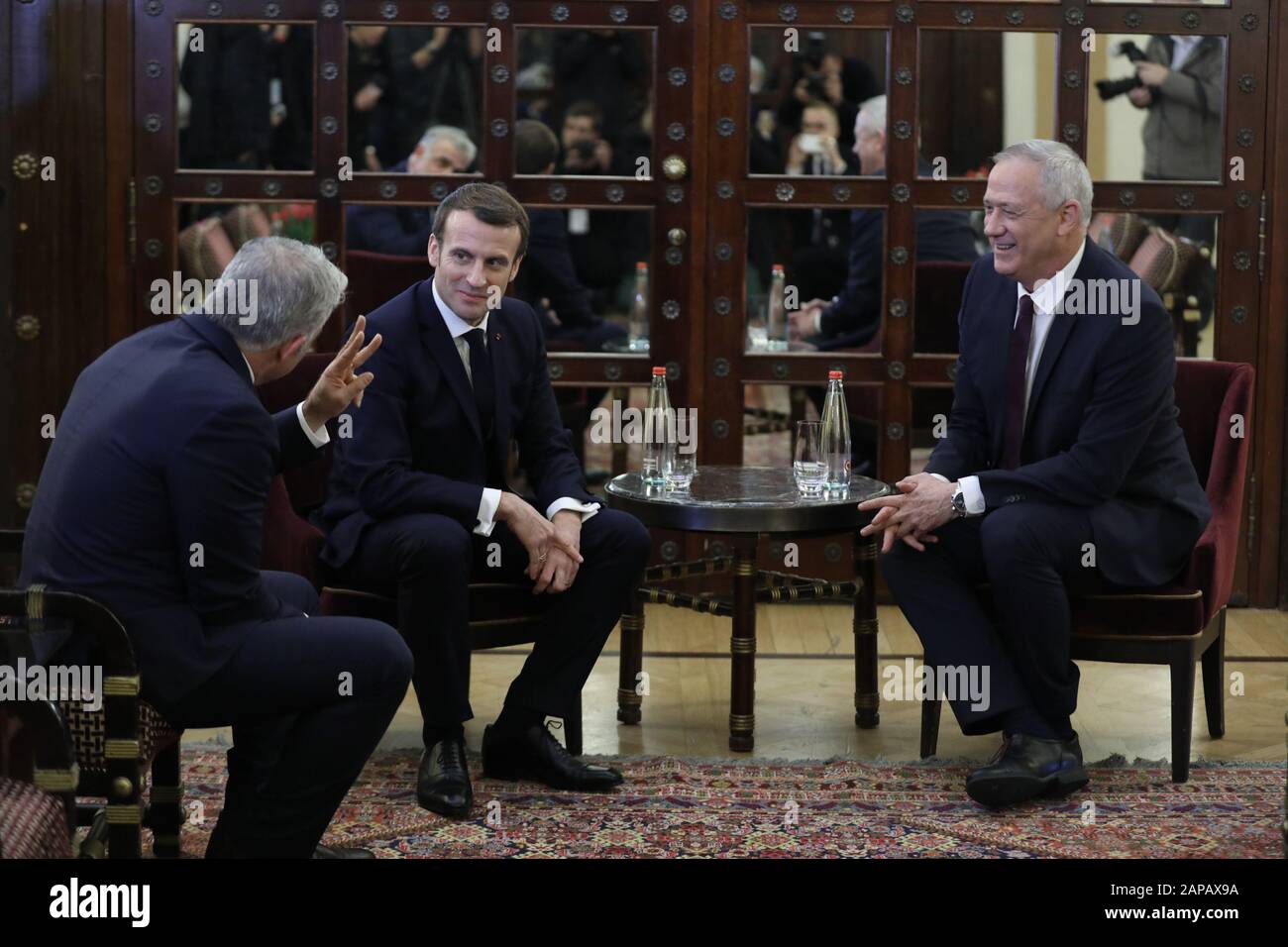 Jerusalem, Israel. 22nd Jan, 2020. French President Emmanuel Macron meets with Blue and White Party leaders Benny Gantz and Yair Lapid (L) ahead of the Fifth World Holocaust Forum at the King David hotel in Jerusalem, Israel, on Wednesday, January 22, 2020. Macron is on a two trip to Israel and the West Bank to discuss the Iran tensions and the Palestinian peace process. Pool Photo by Abil Sultan/UPI Credit: UPI/Alamy Live News Stock Photo