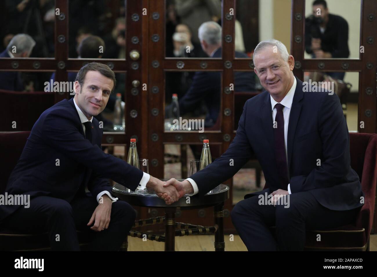 Jerusalem, Israel. 22nd Jan, 2020. French President Emmanuel Macron meets with Blue and White Party leader Benny Gantz ahead of the Fifth World Holocaust Forum at the King David hotel in Jerusalem, Israel, on Wednesday, January 22, 2020. Macron is on a two trip to Israel and the West Bank to discuss the Iran tensions and the Palestinian peace process. Pool Photo by Abil Sultan/UPI Credit: UPI/Alamy Live News Stock Photo