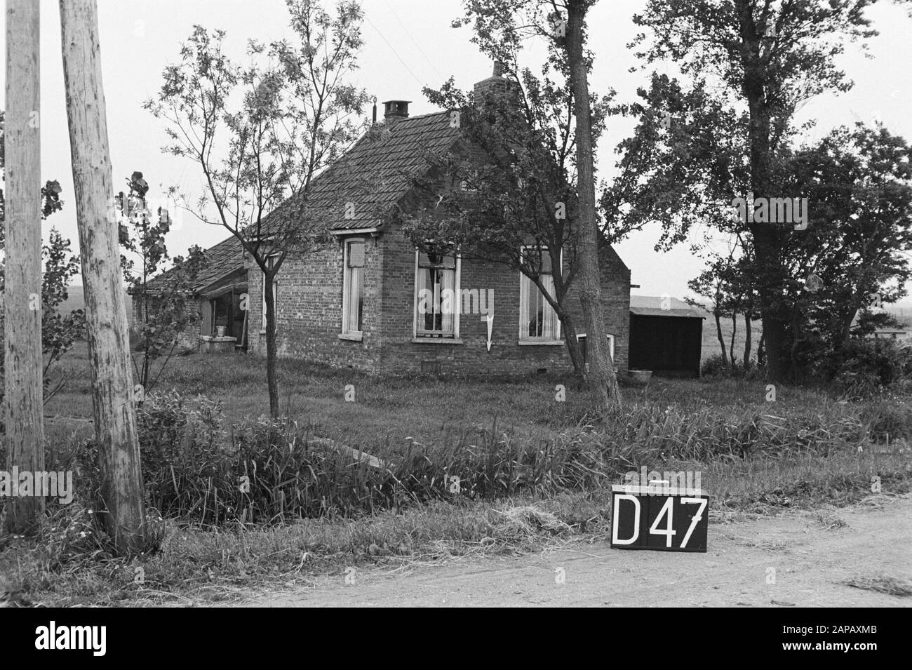 Fixed Points Cultuurtechnische dienst Description: Farm [swailverland Rinsumageest] Annotation: D-47 Arrow indicates a fixed point Date: June 1954 Location: Dokkum, Friesland, Rinsumageest Keywords: Land consolidation, terrain water adjustments Stock Photo