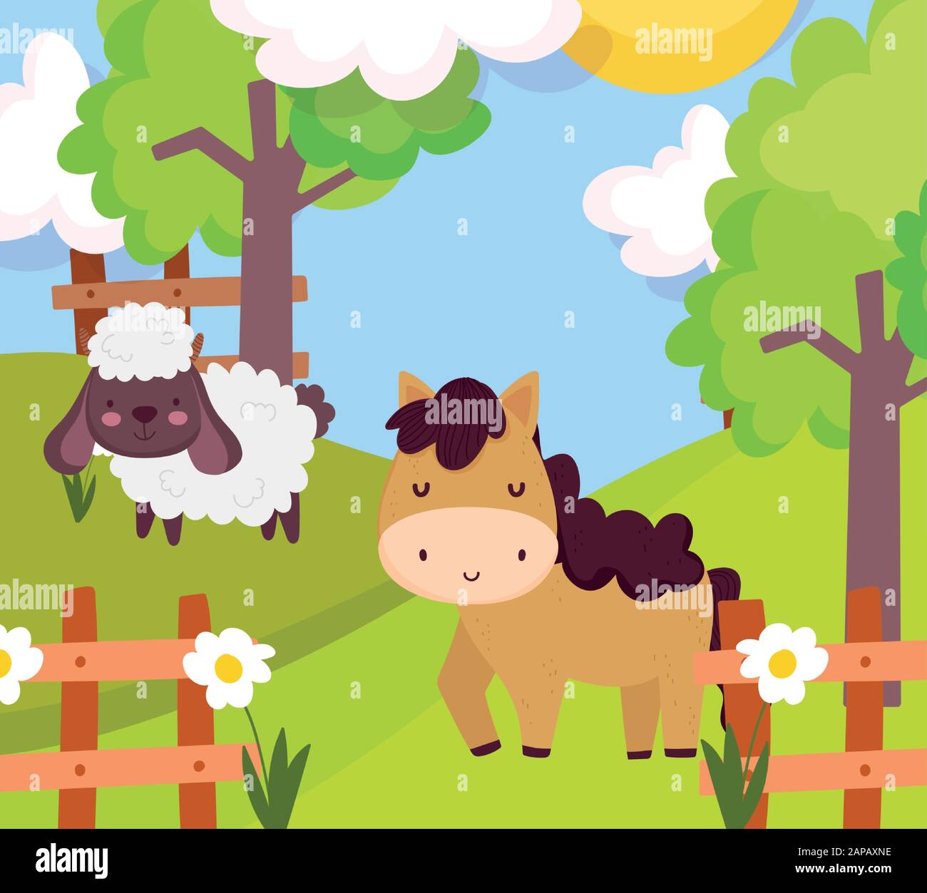 sheep and horse fence flowers trees meadow farm animal cartoon vector ...